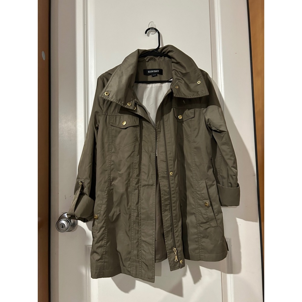 ELLEN TRACY size M TRENCH JACKET ROLL TAB SLEEVES HOOD ZIP POCKETS Rain Weather